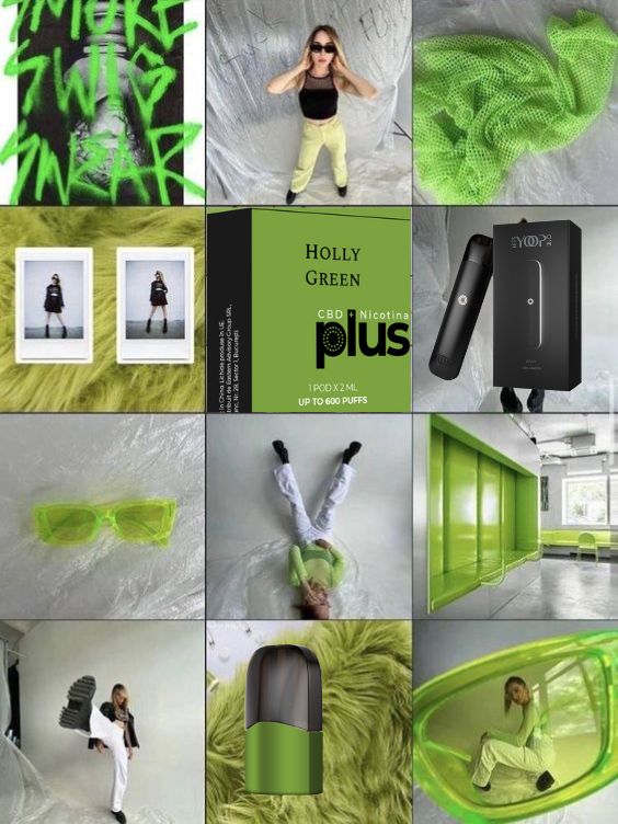 Colaj de culori pe fundal verde, lifestyle cu pods si device Yoop